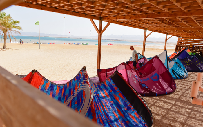 Kites ready to go! The kite surf station in Somabay offers ideal conditions for your next water adventure.