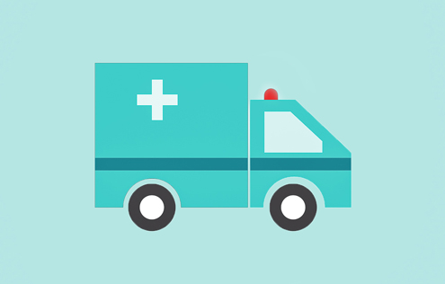 Minimalist icon of an ambulance with a white cross on the side and a red warning light on the roof.